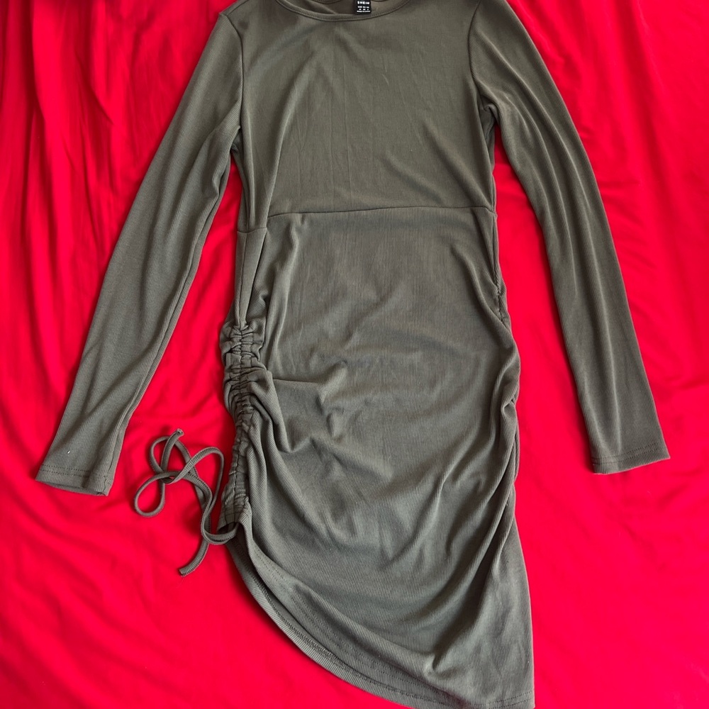 Chic Long Sleeve Olive Dress with Ruched Detail